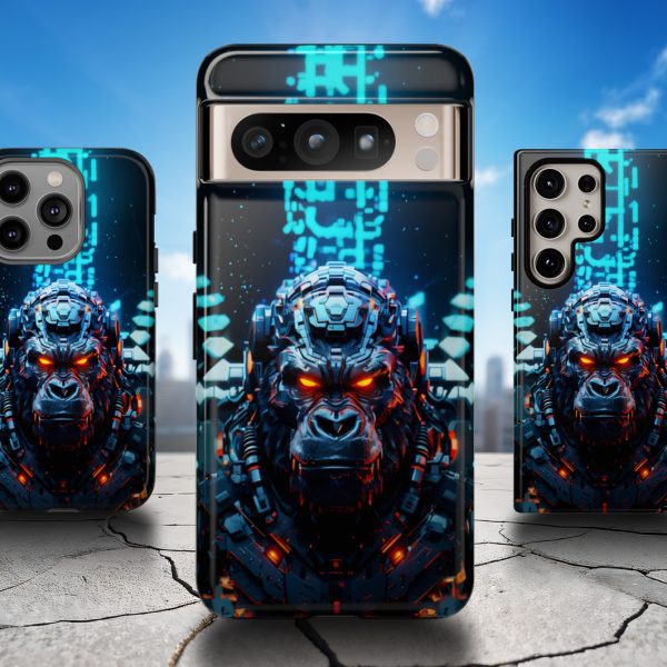 Gorilla cyberpunk phone case with neon-lit futuristic gorilla illustration for iPhone, Galaxy, Pixel
