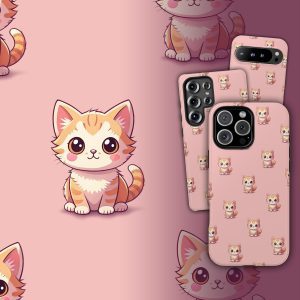 Cute cat phone case with pink background and illustrated cat collage for iPhone, Galaxy, Pixel