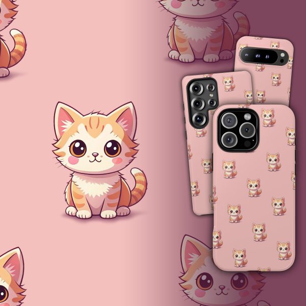 Cute cat phone case with pink background and illustrated cat collage for iPhone, Galaxy, Pixel