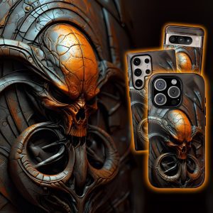 Alien skull phone case with dark sci-fi fantasy design for iPhone, Galaxy, Pixel