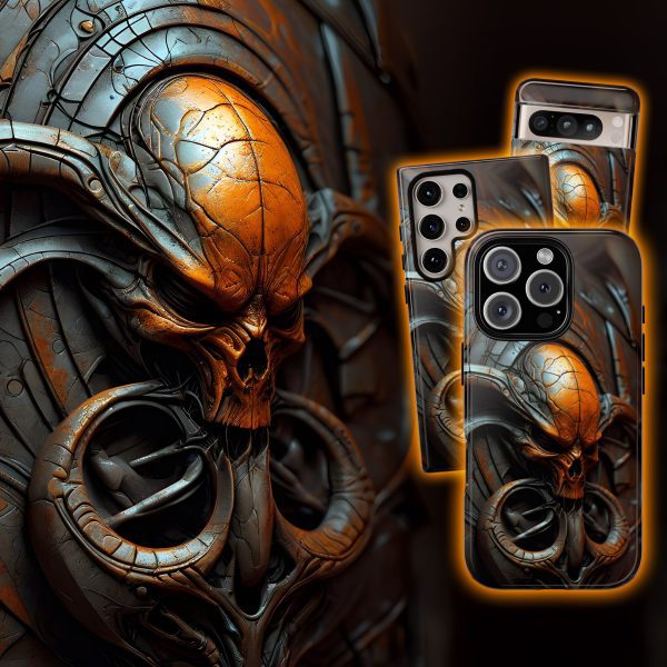 Alien skull phone case with dark sci-fi fantasy design for iPhone, Galaxy, Pixel