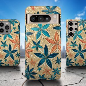 Beautiful floral phone case with star-shaped flower collage on beige background for iPhone, Galaxy, Pixel