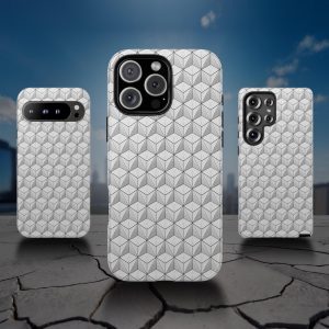 Geometric cube phone case with grey and white 3D grid pattern for iPhone, Galaxy, Pixel