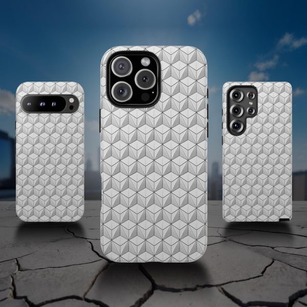Geometric cube phone case with grey and white 3D grid pattern for iPhone, Galaxy, Pixel