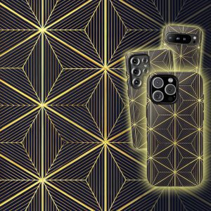 Art Deco geometric phone case with gold pattern on navy background for iPhone, Galaxy, Pixel