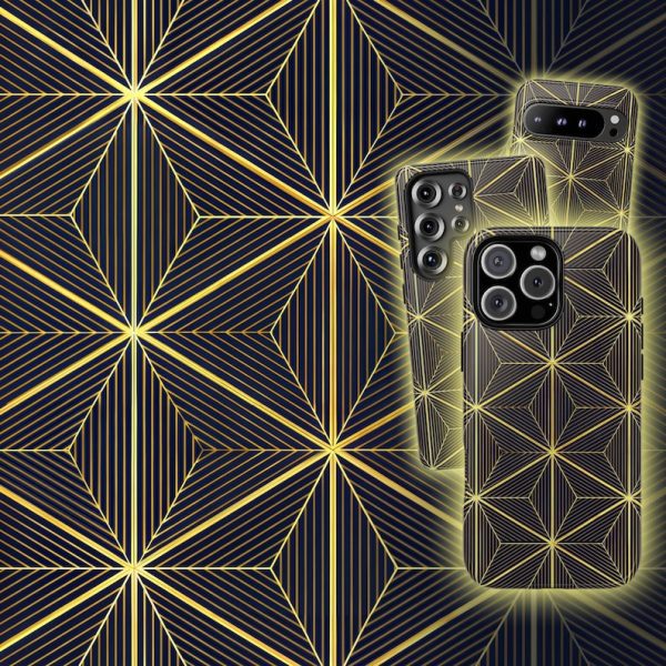 Art Deco geometric phone case with gold pattern on navy background for iPhone, Galaxy, Pixel